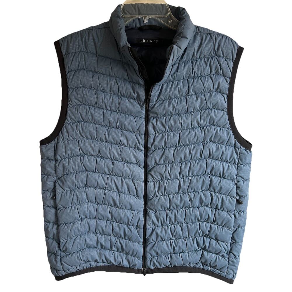 Theory Down Puffer Vest Mens L Blue Full Zip Lightweight Quilted Minimalist